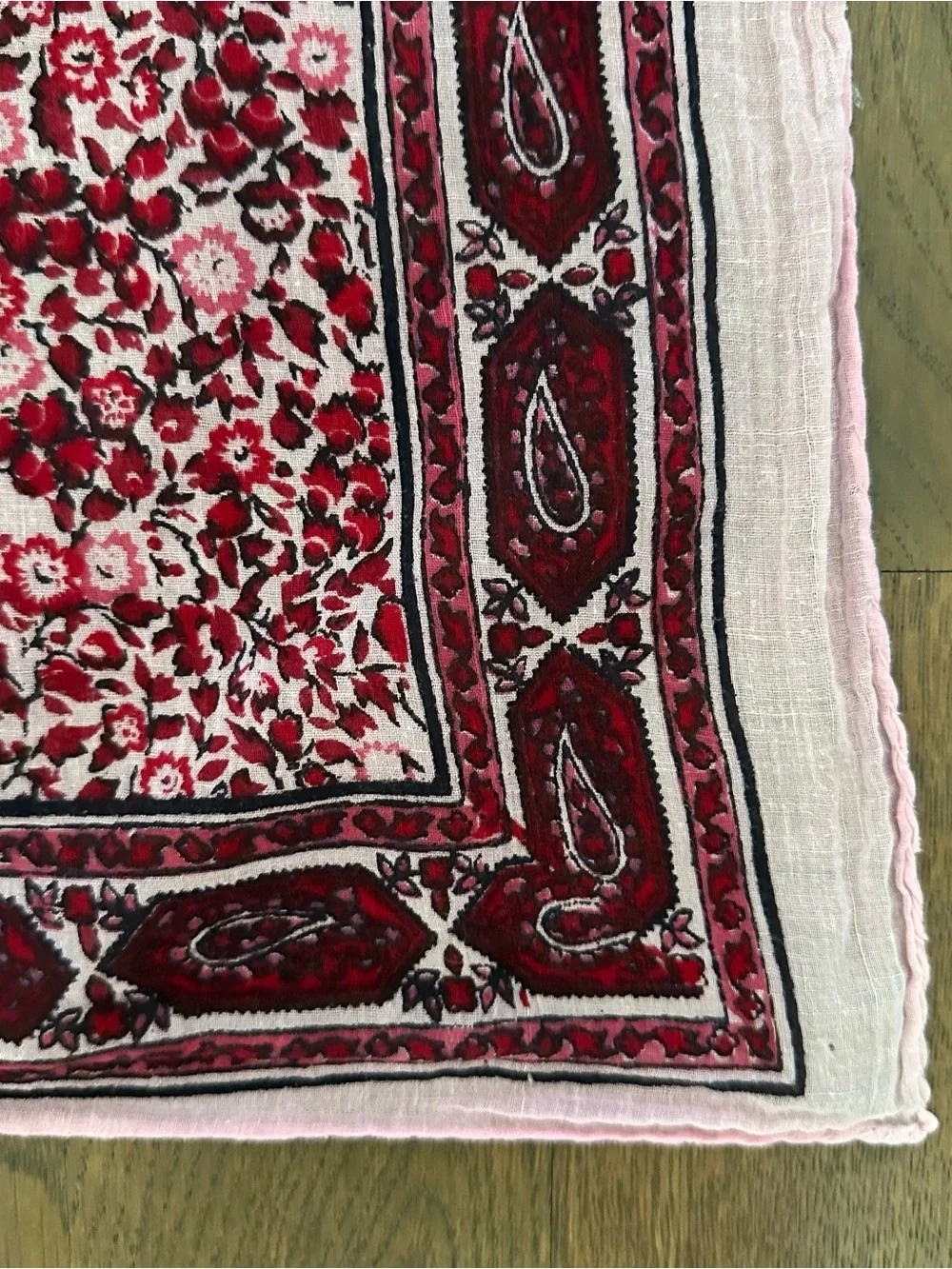 Vintage 1970s Block Print Floral Paisley Cotton Square Scarf Pink Multicolor 25
